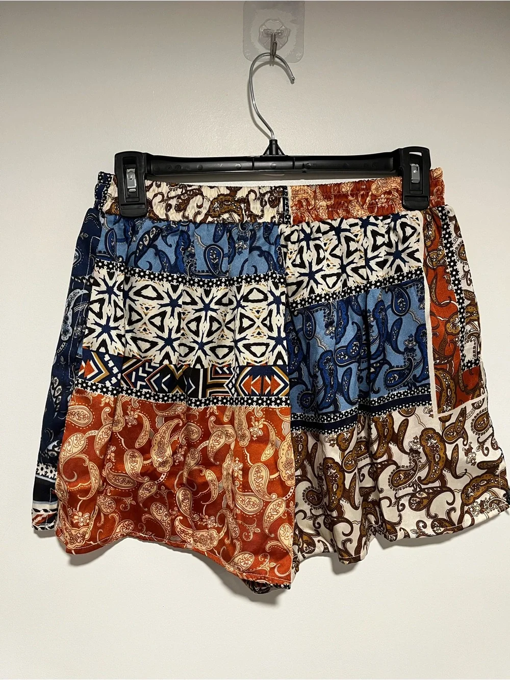 Boho Patchwork Tie-Waist Women’s Shorts — Blue & Brown